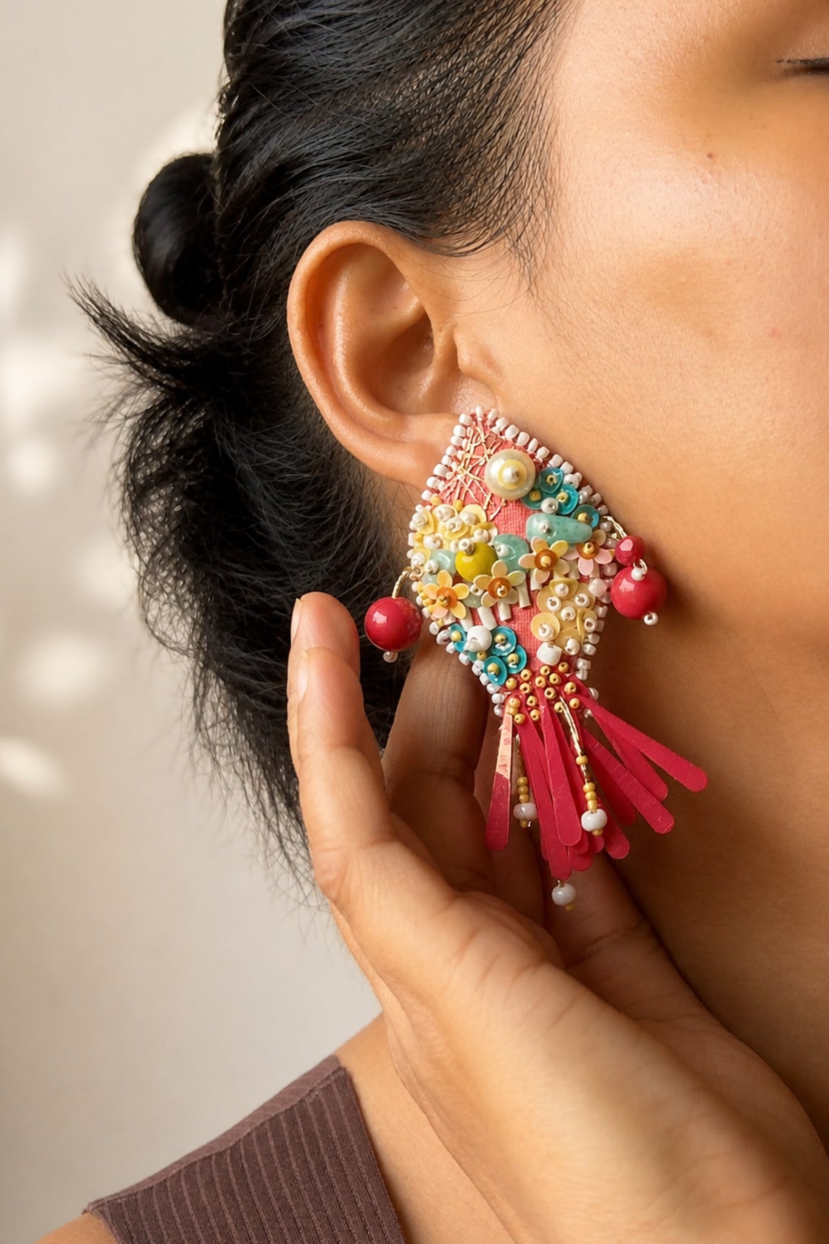 Red Bead Embroidered Fish Dangler Earrings