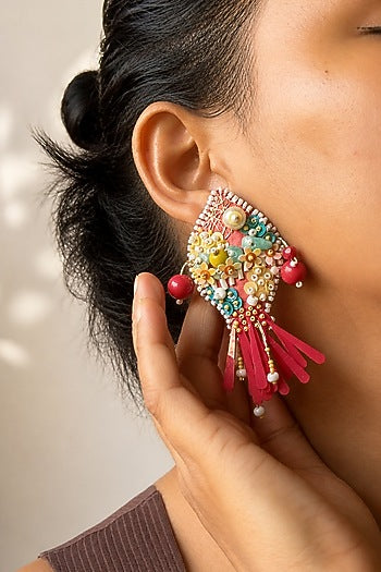 Red Bead Embroidered Fish Dangler Earrings