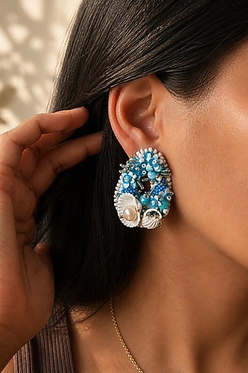 Blue Bead Embroidered Stud Earrings