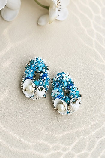 Blue Bead Embroidered Stud Earrings