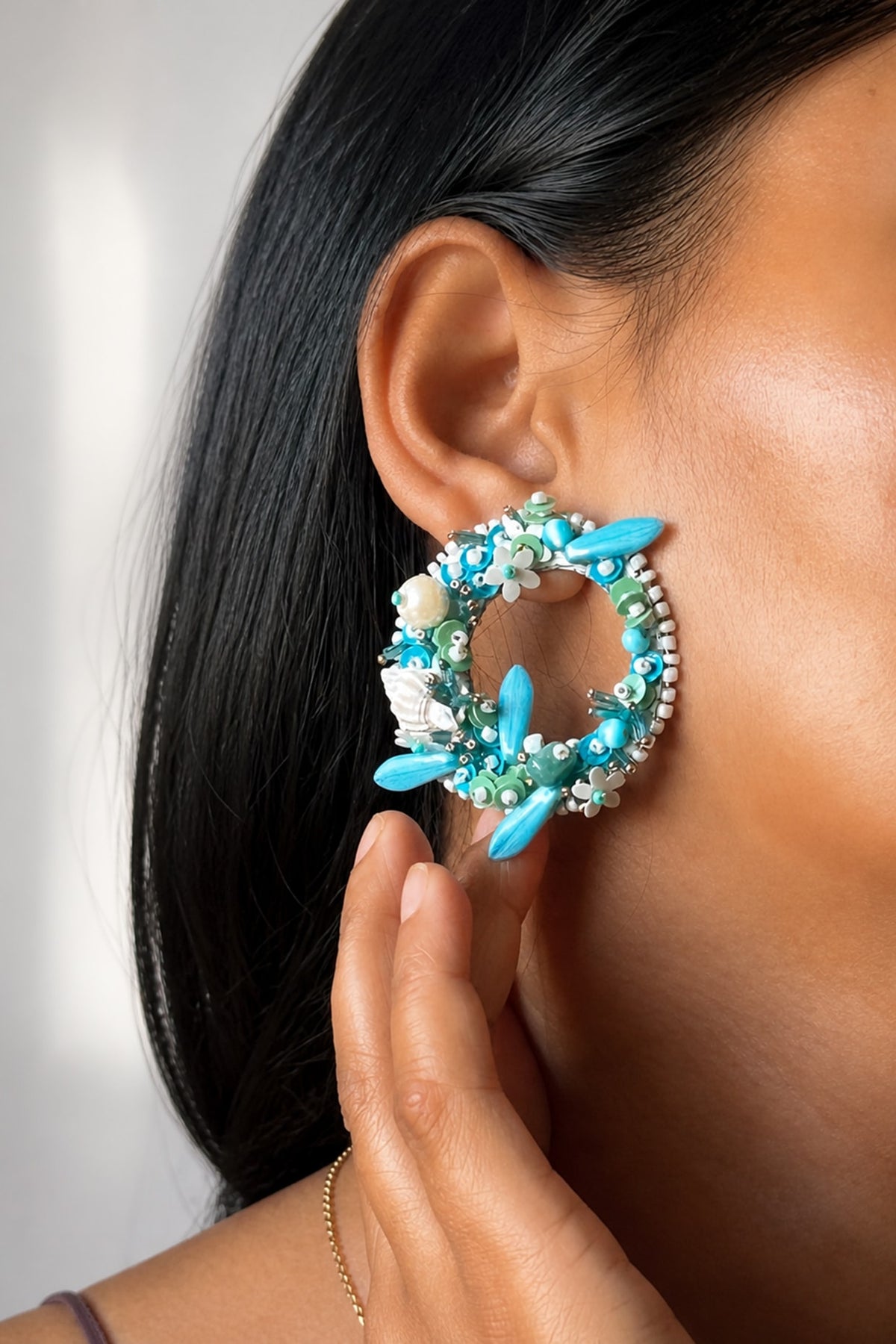 Blue Shell & Bead Embroidered Circular Stud Earrings