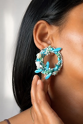 Blue Shell & Bead Embroidered Circular Stud Earrings