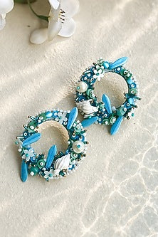 Blue Shell & Bead Embroidered Circular Stud Earrings