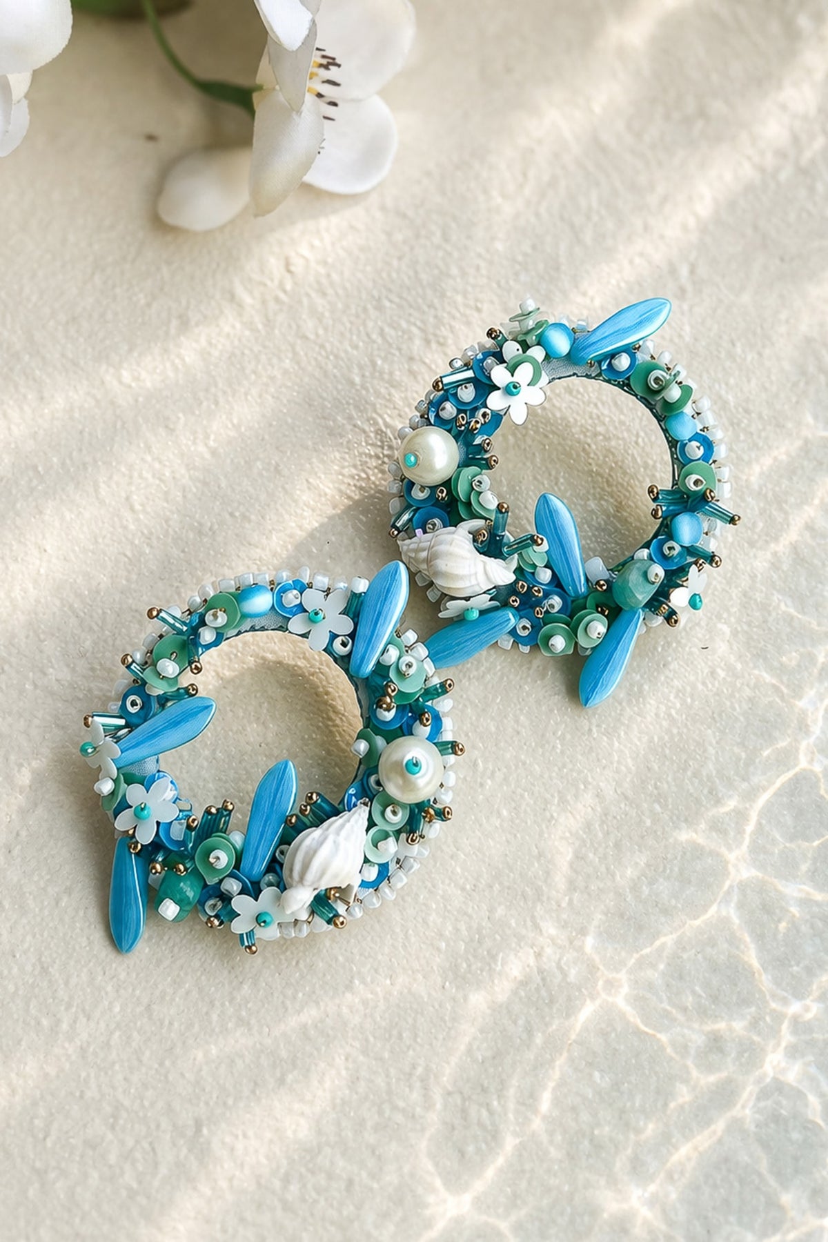 Blue Shell & Bead Embroidered Circular Stud Earrings