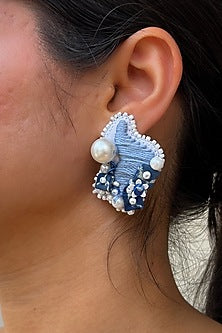 White & Blue Thread Embroidered Handcrafted Stud Earrings