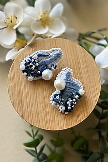 White & Blue Thread Embroidered Handcrafted Stud Earrings