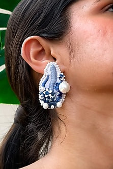 White & Blue Thread Embroidered Handcrafted Stud Earrings