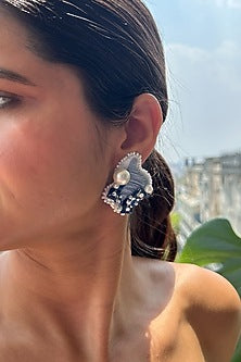 White & Blue Thread Embroidered Handcrafted Stud Earrings