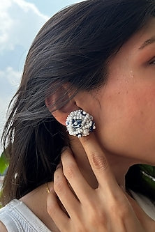 White & Indigo Bead Embellished Handcrafted Stud Earrings