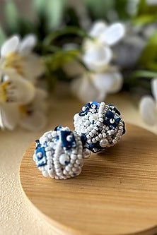 White & Indigo Bead Embellished Handcrafted Stud Earrings