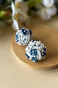 White & Indigo Bead Embellished Handcrafted Stud Earrings