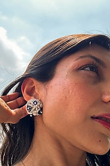 White & Indigo Bead Embellished Handcrafted Stud Earrings
