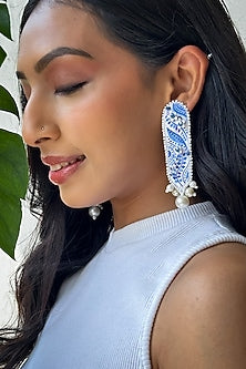 White & Blue Hand-Painted Pearl Embellished Handcarfted Dangler Earrings