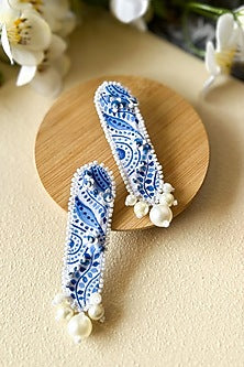 White & Blue Hand-Painted Pearl Embellished Handcarfted Dangler Earrings
