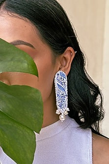 White & Blue Hand-Painted Pearl Embellished Handcarfted Dangler Earrings