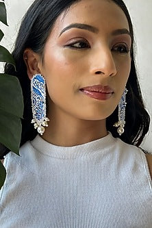 White & Blue Hand-Painted Pearl Embellished Handcarfted Dangler Earrings