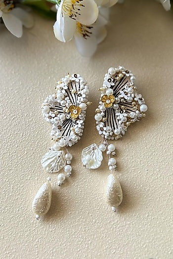Black & White Baroque Pearl Embroidered Dangler Earrings