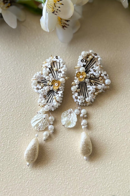 Black & White Baroque Pearl Embroidered Dangler Earrings