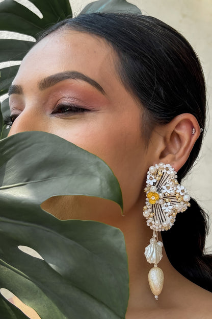 Black & White Baroque Pearl Embroidered Dangler Earrings