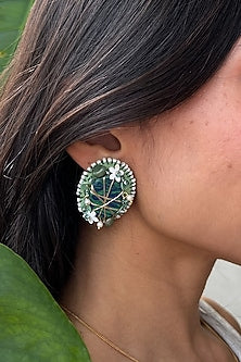 Emerald Green Bead & Floral Embellished Handcrafted Stud Earrings