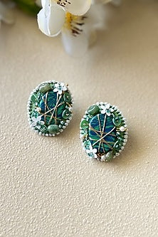 Emerald Green Bead & Floral Embellished Handcrafted Stud Earrings