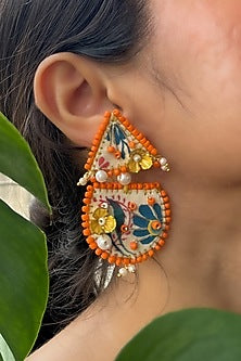 Multi-Colored Hand-Painted & Pearl Embellished Handcrafted Dangler Earrings
