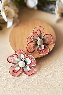 Peach Sequin & Bead Embellished handcrafted Stud Earrings