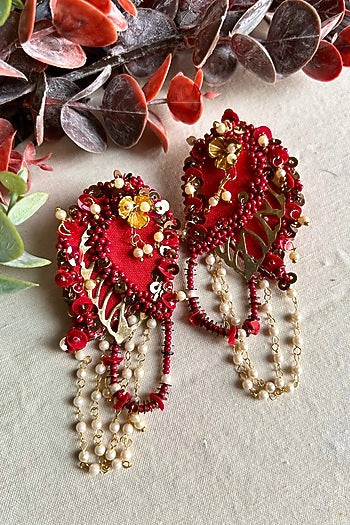 Red & Gold Pearl Embroidered Handcrafted Dangler Earrings