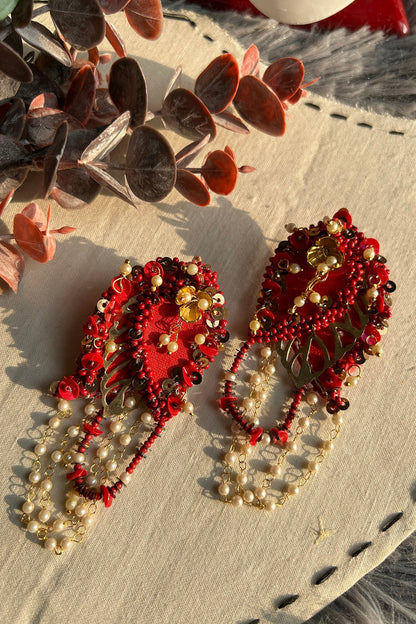 Red & Gold Pearl Embroidered Handcrafted Dangler Earrings