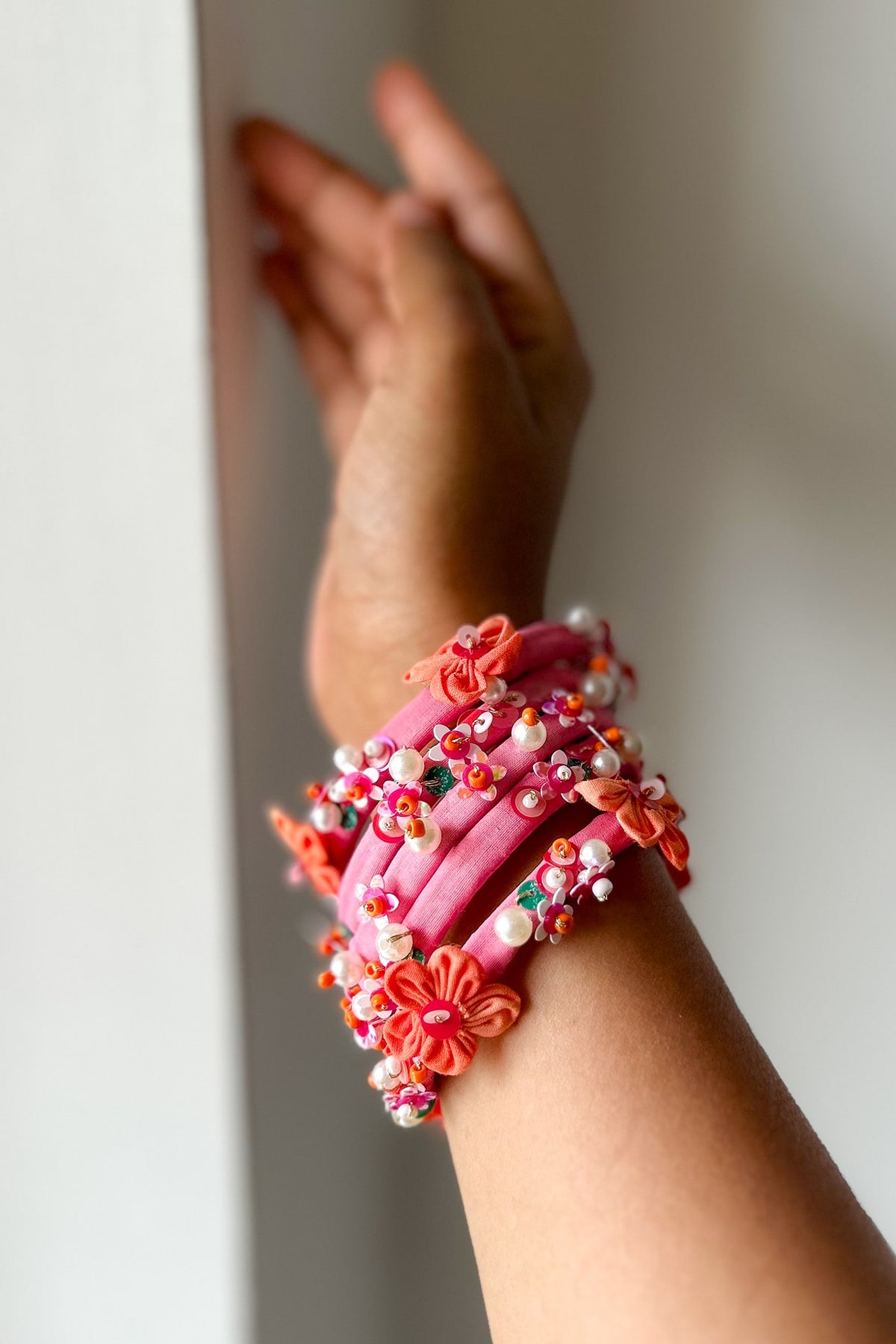 Pink Floral Hand Embroidered Bangles (Set Of 5)