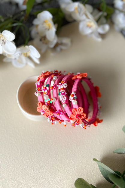 Pink Floral Hand Embroidered Bangles (Set Of 5)