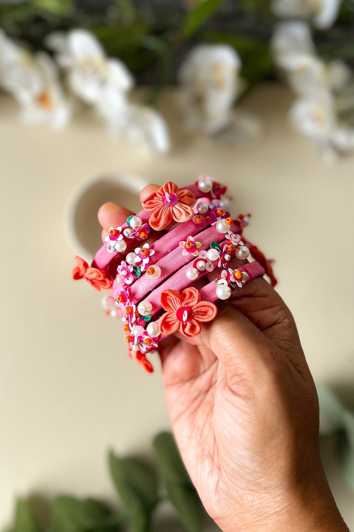 Pink Floral Hand Embroidered Bangles (Set Of 5)