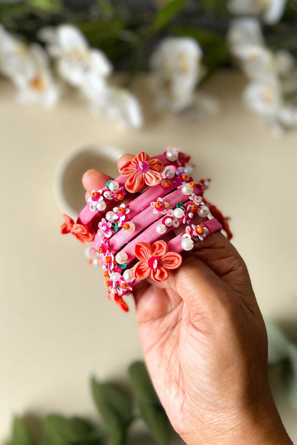 Pink Floral Hand Embroidered Bangles (Set Of 5)