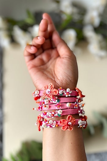 Pink Floral Hand Embroidered Bangles (Set Of 5)