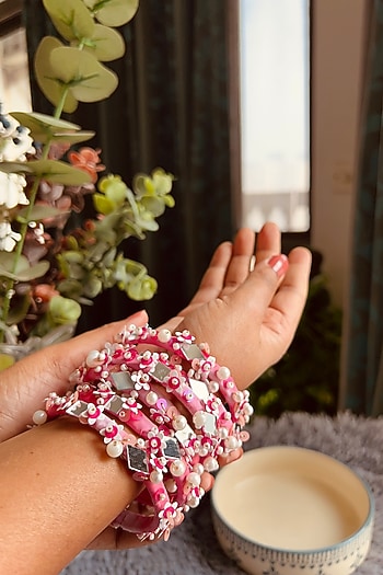 Pink Pearl & Sequins Hand Embroidered Bangles (Set Of 5)
