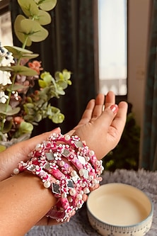 Pink Pearl & Sequins Hand Embroidered Bangles (Set Of 5)