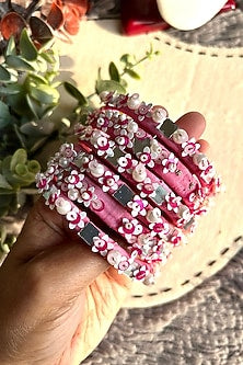 Pink Pearl & Sequins Hand Embroidered Bangles (Set Of 5)