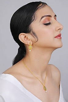 Gold Plated Enamelled Hamsa Dangler Earrings