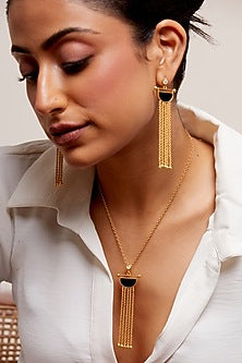 Gold Plated Pearl Black Enameled Handcrafted Dangler Earrings