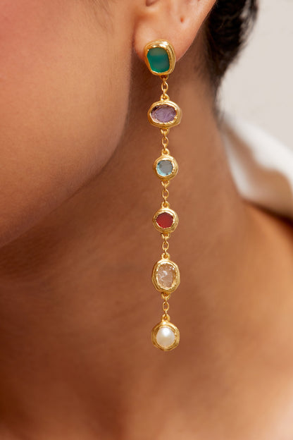 Gold Plated Multi-Colored Stone Handcrafted Dangler Earrings