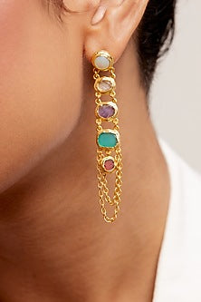 Gold Plated Multi-Colored Stone Handcrafted Layered Dangler Earrings