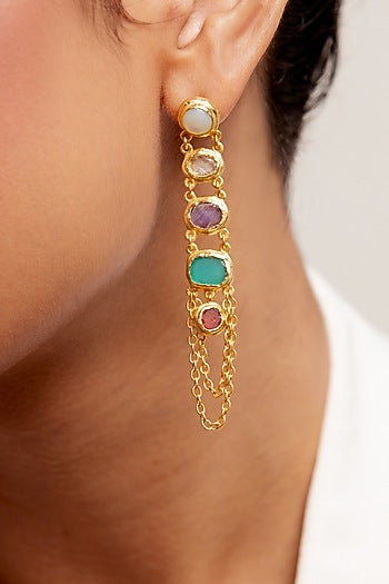 Gold Plated Multi-Colored Stone Handcrafted Layered Dangler Earrings