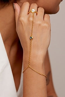 Gold Plated Pearl & Blue Topaz Handcrafted Hand Chain Ring