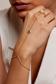 Gold Plated Pearl & Blue Topaz Handcrafted Hand Chain Ring