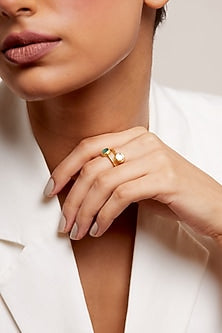 Gold Plated Pearl & Green Chalcedony Handcrafted Ring