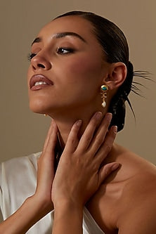 Gold Plated Turquoise Stone & Pearl Dangler Earrings