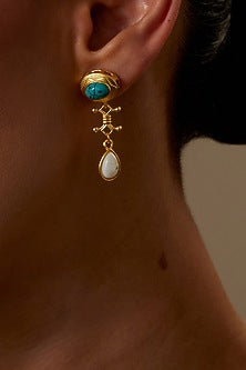 Gold Plated Turquoise Stone & Pearl Dangler Earrings