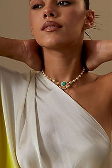Gold Plated Turquoise Stone & Pearl Enamelled Choker Necklace