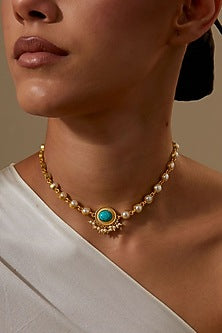 Gold Plated Turquoise Stone & Pearl Enamelled Choker Necklace