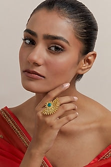 Gold Plated Pearl & Synthetic Emerald Stone Enamelled Ring